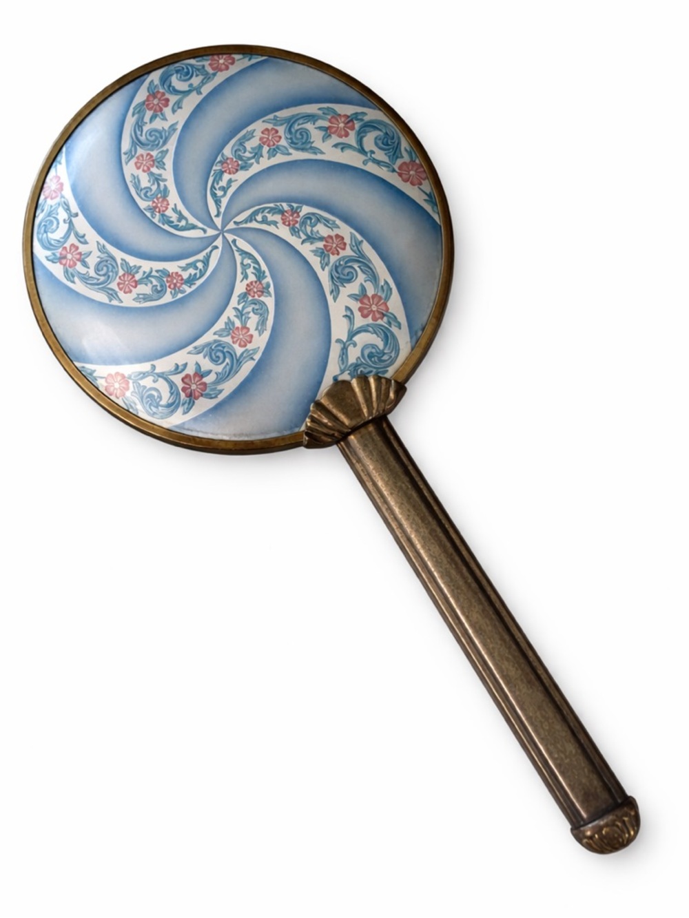Vintage Art Deco handheld brass swirl inlay vanity mirror